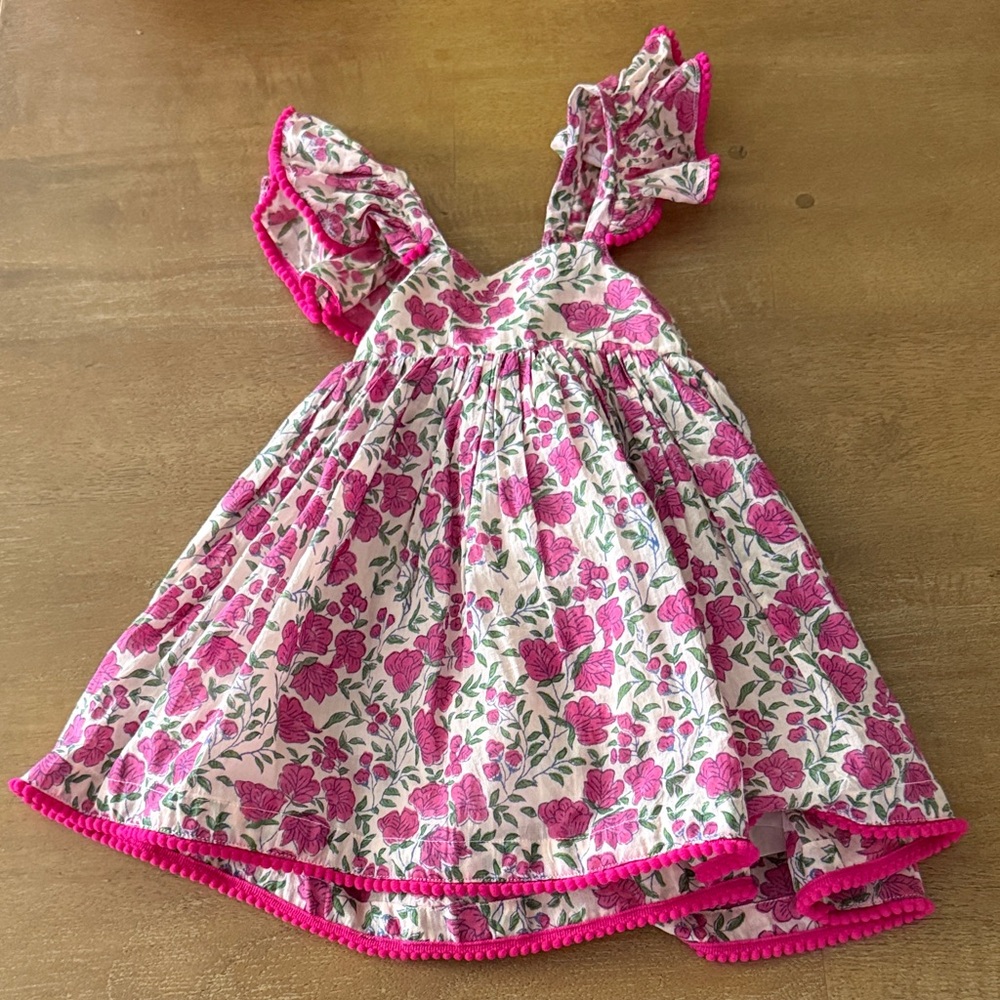 Floral Pink and White Dress with Ruffle Sleeves and fuchsia trim